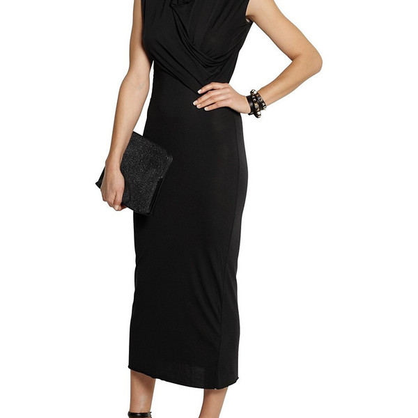 Black wrap effect jersey dress Fitted over the knee dress with draped neckline Black wrap effect jersey dress Fitted over the knee dress with draped neckline