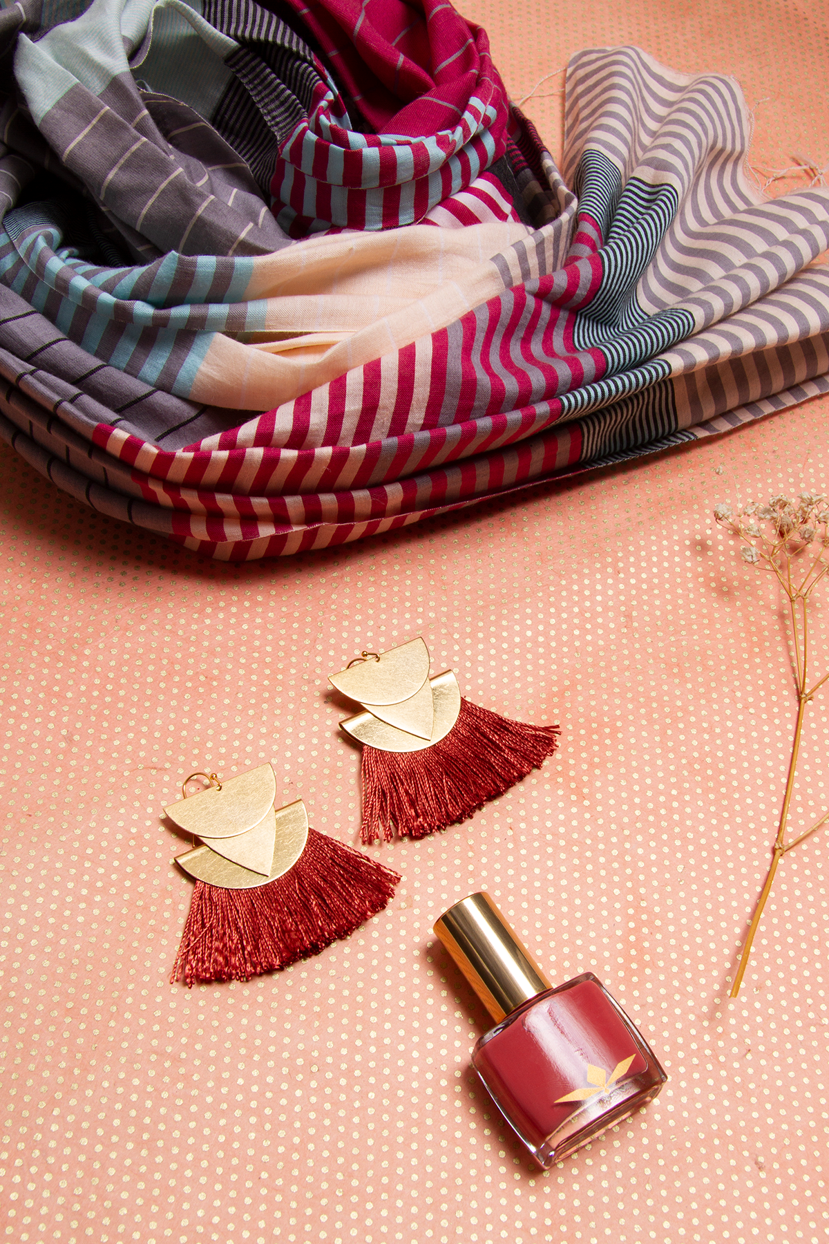 Bhoomki Samita Scarf Fringe Earrings And Rose Nail Polish Garmentory
