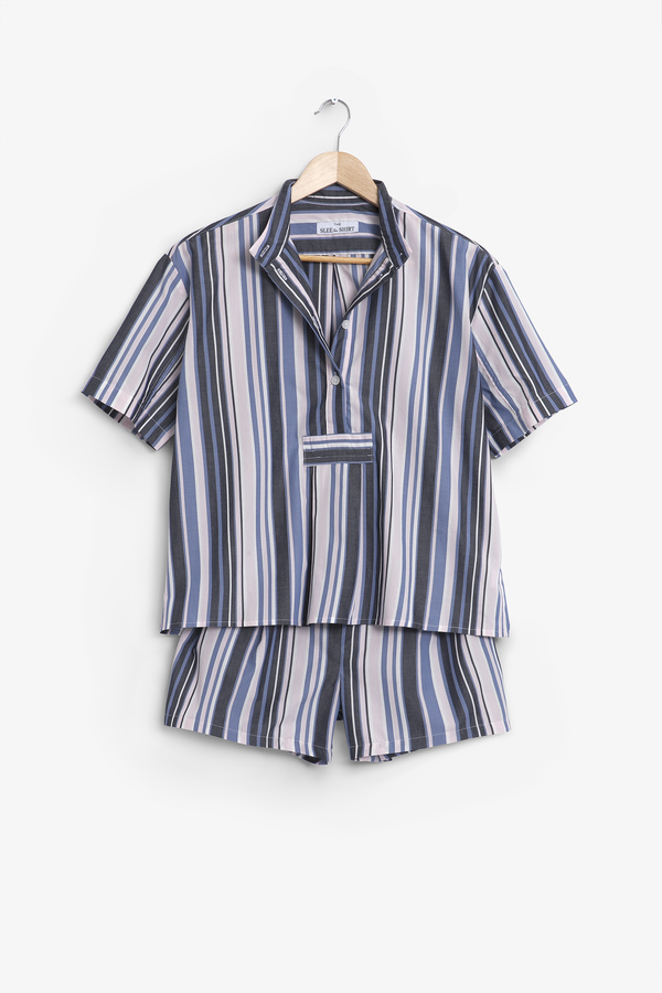 The Sleep Shirt Short Sleeve Cropped Sleep Shirt and Pleat Short Set Blue and Pink Stripe The Sleep Shirt Short Sleeve Cropped Sleep Shirt and Pleat Short Set Blue and Pink Stripe