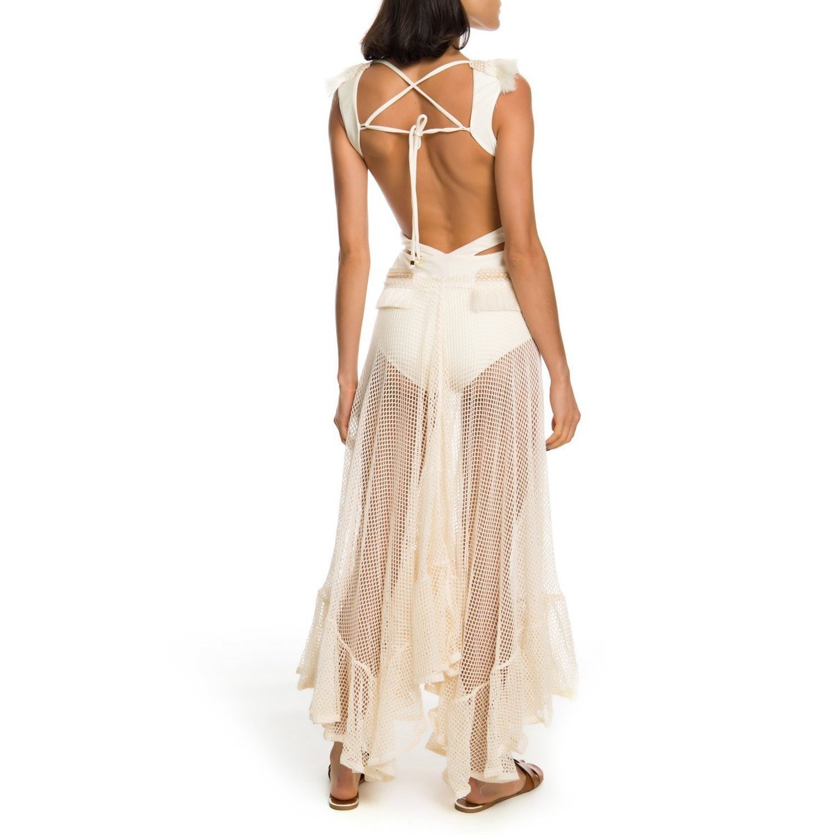 fringe and mesh cutout maxi dress