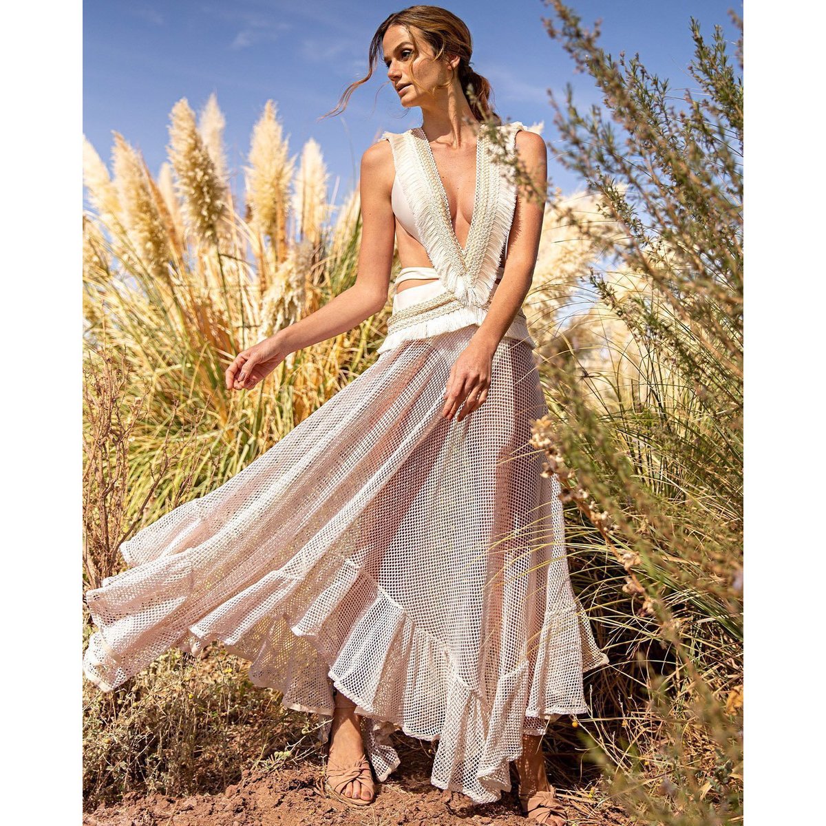 fringe and mesh cutout maxi dress