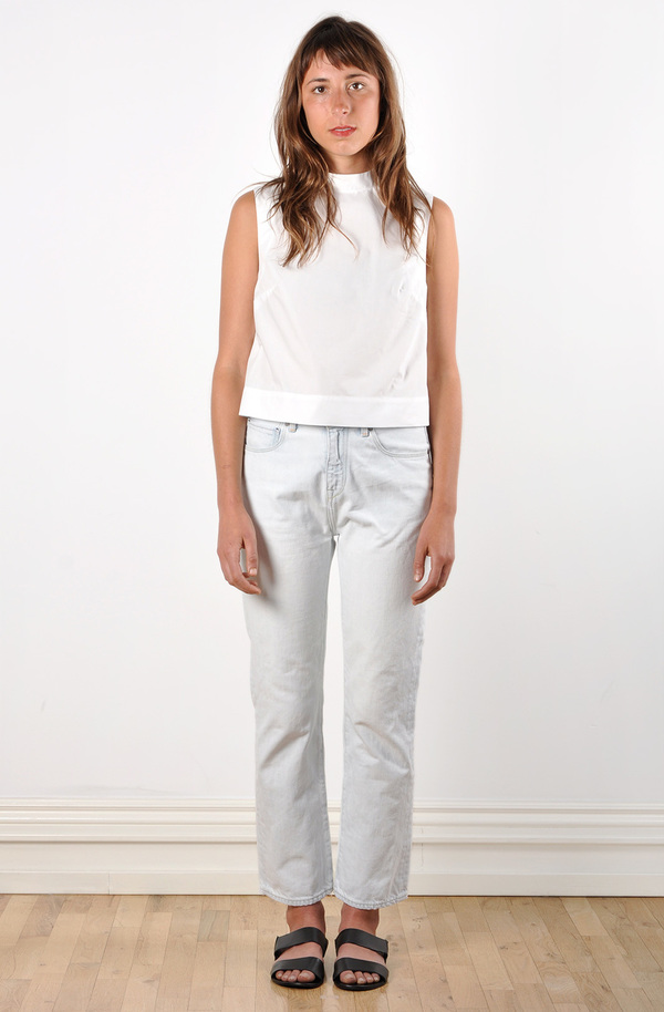 Waltz Mock Neck Sleeveless Tee in White Cotton Poplin Waltz Mock Neck Sleeveless Tee in White Cotton Poplin