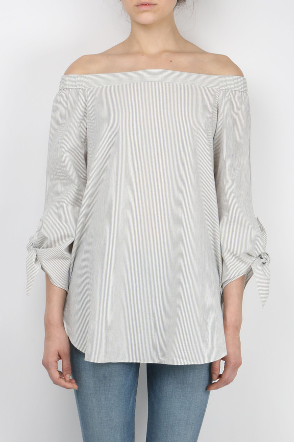 Tibi Stripe Shirting Off Shoulder Tunic Tibi Stripe Shirting Off Shoulder Tunic