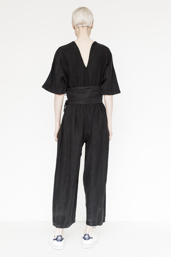 Black Crane Linen V-Neck Jumpsuit Black Crane Linen V-Neck Jumpsuit