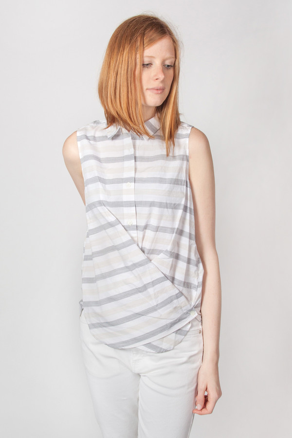 Steven Alan Sleeveless Cross Over Shirt Grey Tan Stripe Steven Alan Sleeveless Cross Over Shirt Grey Tan Stripe