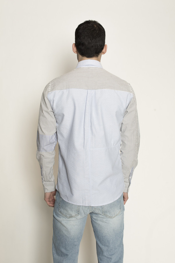 Men's Soulland Stitch Button Down Patchwork Shirt in Blue/White Men's Soulland Stitch Button Down Patchwork Shirt in Blue/White