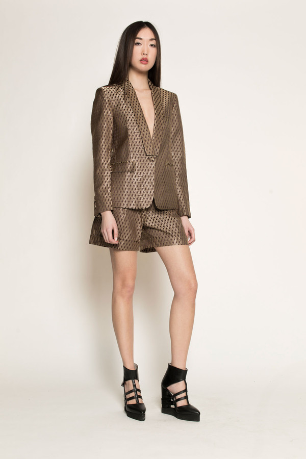 Dzojchen Tux Lapel Tailored Blazer in Gold Diamond Brocade Dzojchen Tux Lapel Tailored Blazer in Gold Diamond Brocade