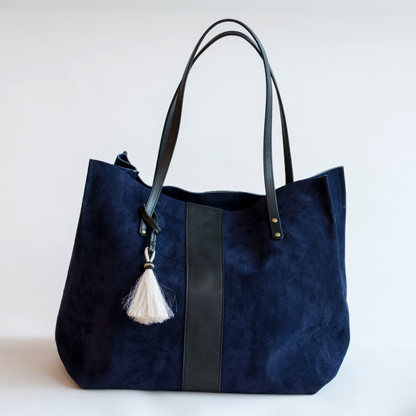 Kempton & Co Suede Stripe Leather Tote Navy/Black Kempton & Co Suede Stripe Leather Tote Navy/Black