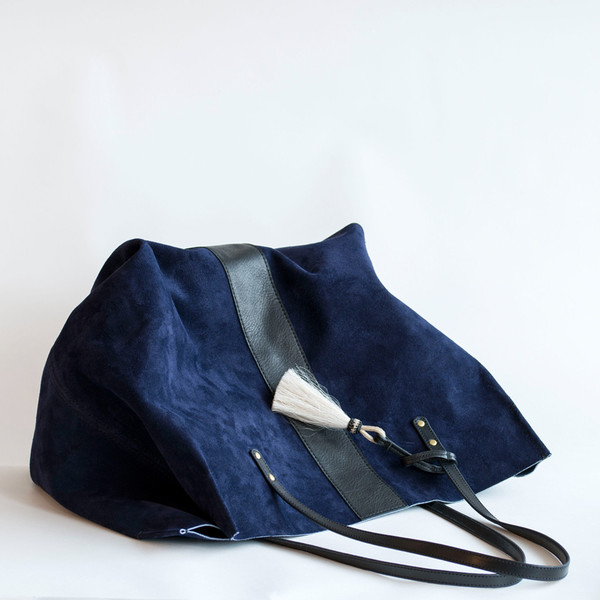 Kempton & Co Suede Stripe Leather Tote Navy/Black Kempton & Co Suede Stripe Leather Tote Navy/Black