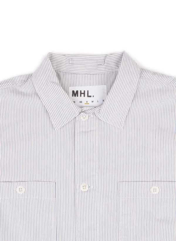 Men's MHL Margaret Howell Inverted Pleat Shirt Narrow Stripe Ecru/Blue Men's MHL Margaret Howell Inverted Pleat Shirt Narrow Stripe Ecru/Blue