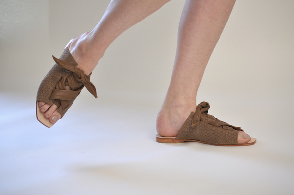 The Palatines Texo sandal - bark hex leather with shiny bark ties The Palatines Texo sandal - bark hex leather with shiny bark ties