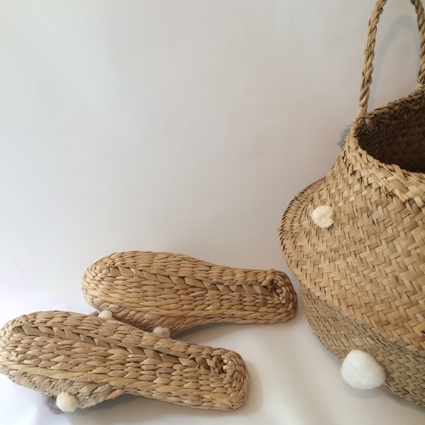 Folk Fortune handwoven slippers with Serenity blue pom poms Folk Fortune handwoven slippers with Serenity blue pom poms