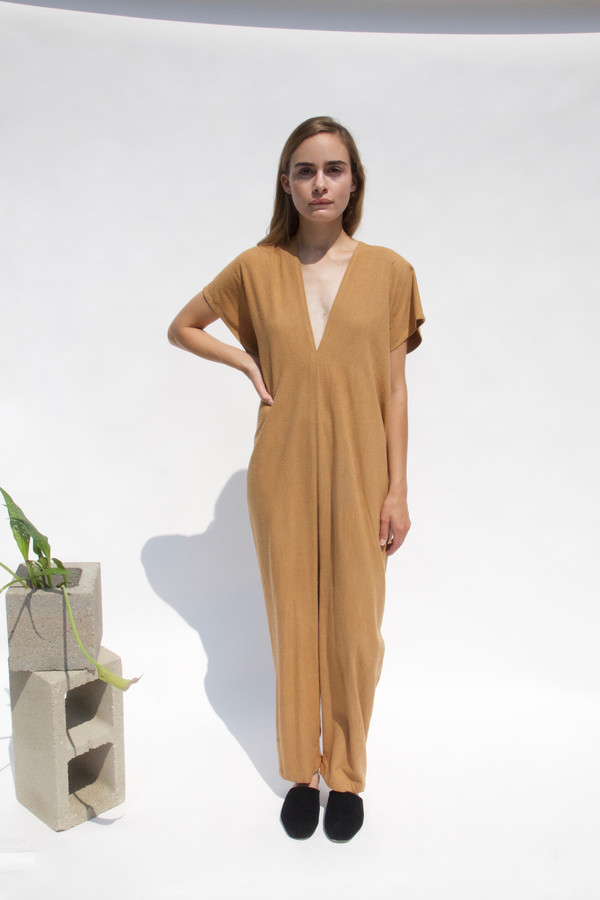 Miranda Bennett In-Stock: Everyday Jumpsuit, Silk Noil in Camel Miranda Bennett In-Stock: Everyday Jumpsuit, Silk Noil in Camel