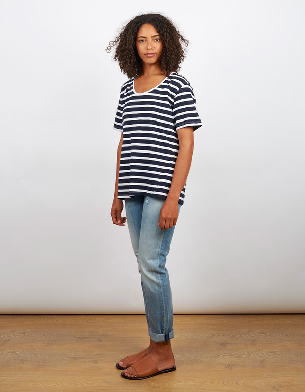 Kowtow Building Block Scoop Tee Navy & White Stripe Kowtow Building Block Scoop Tee Navy & White Stripe
