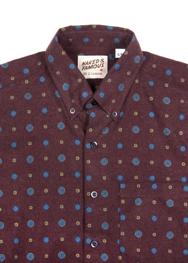 Men's Naked & Famous Denim - Regular Shirt in Printed Sheeting Burgundy Men's Naked & Famous Denim - Regular Shirt in Printed Sheeting Burgundy