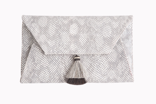 Oliveve Cleo Envelope Clutch In Grey Cobra Embossed cow leather with horsehair tassel Oliveve Cleo Envelope Clutch In Grey Cobra Embossed cow leather with horsehair tassel