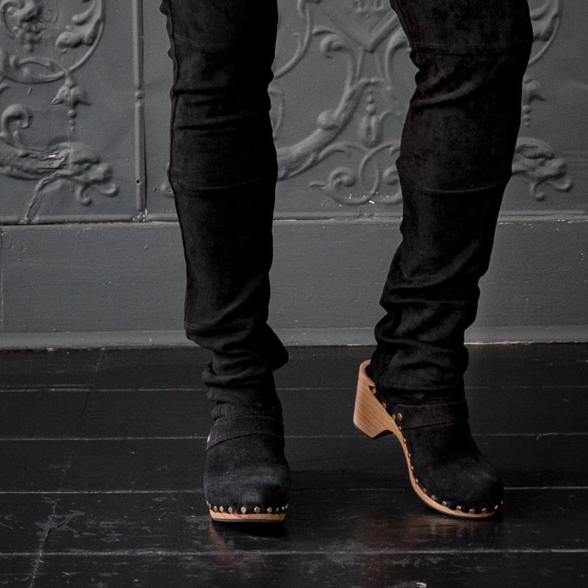 black suede clogs