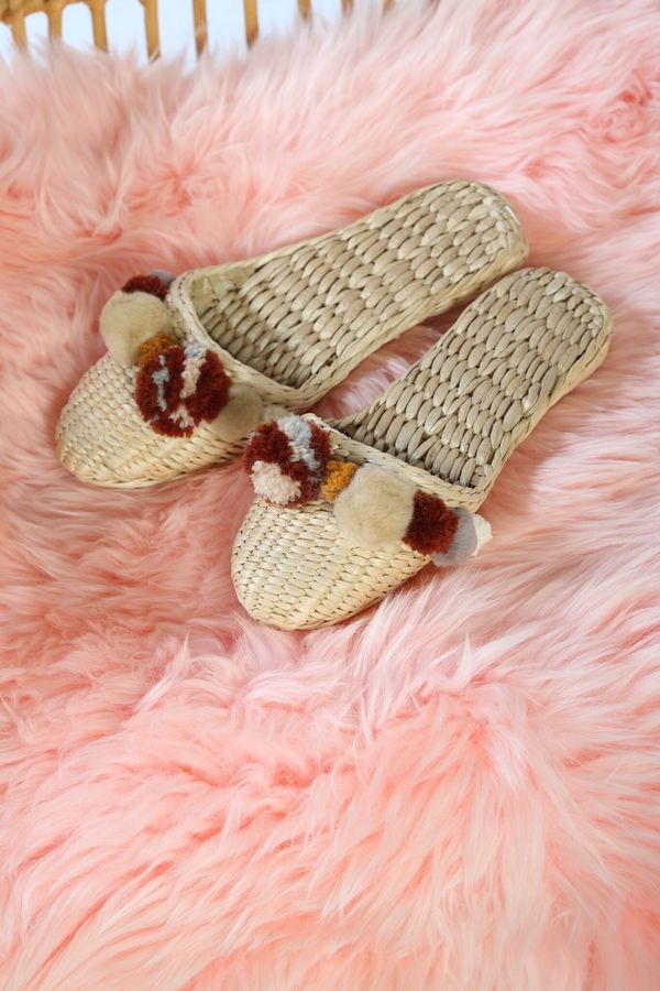 Folk Fortune Handwoven pom pom slippers in Potters Clay Folk Fortune Handwoven pom pom slippers in Potters Clay