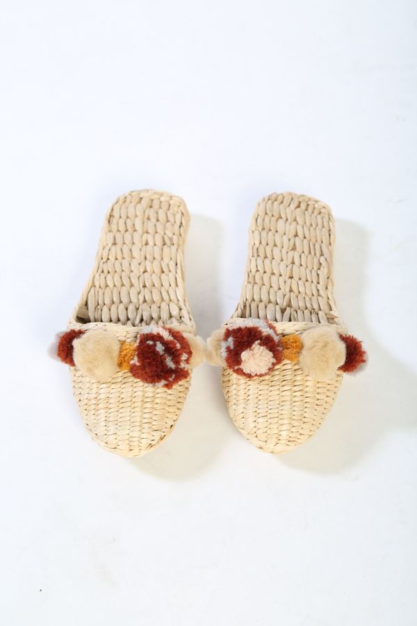 Folk Fortune Handwoven pom pom slippers in Potters Clay Folk Fortune Handwoven pom pom slippers in Potters Clay