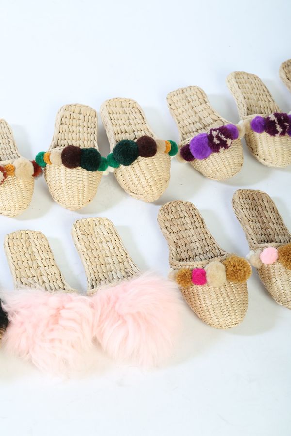 Folk Fortune taupe and plum pom pom slippers Folk Fortune taupe and plum pom pom slippers