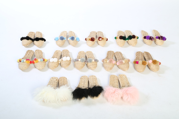 Folk Fortune handwoven slippers with Serenity blue pom poms Folk Fortune handwoven slippers with Serenity blue pom poms