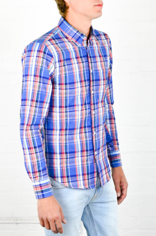 Men's Naked and Famous Airy Cotton and Linen Blend Madras RegularShirt Men's Naked and Famous Airy Cotton and Linen Blend Madras RegularShirt
