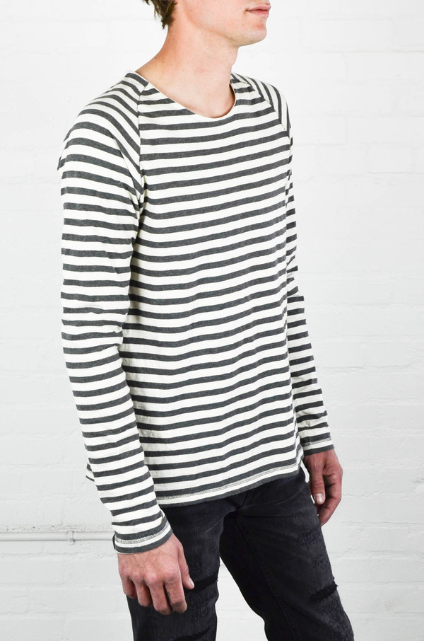 Men's Nudie Off White and Grey Bold Stripe Otto Raglan Men's Nudie Off White and Grey Bold Stripe Otto Raglan
