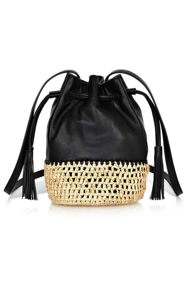 Loeffler Randall - Black Leather Bucket Bag With Woven Raffia Loeffler Randall - Black Leather Bucket Bag With Woven Raffia