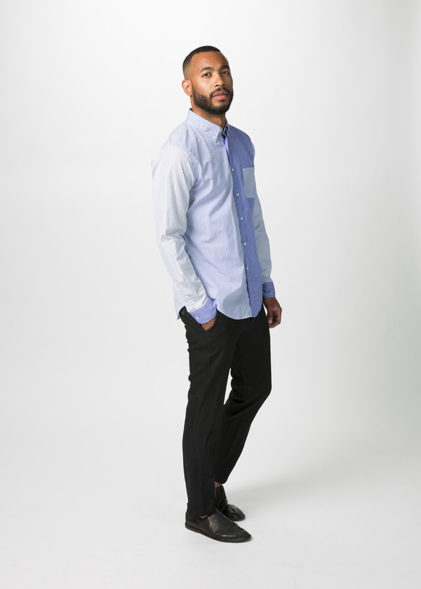 Men's Wooster + Lardini Panel Woven Stripe Shirt - Blue Men's Wooster + Lardini Panel Woven Stripe Shirt - Blue