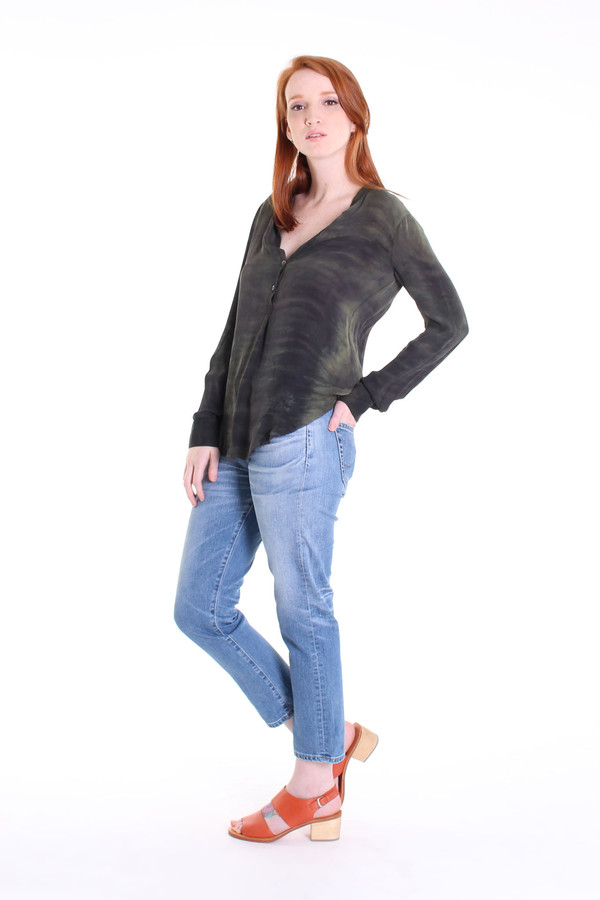 Raquel Allegra Georgette henley blouse in olive Raquel Allegra Georgette henley blouse in olive