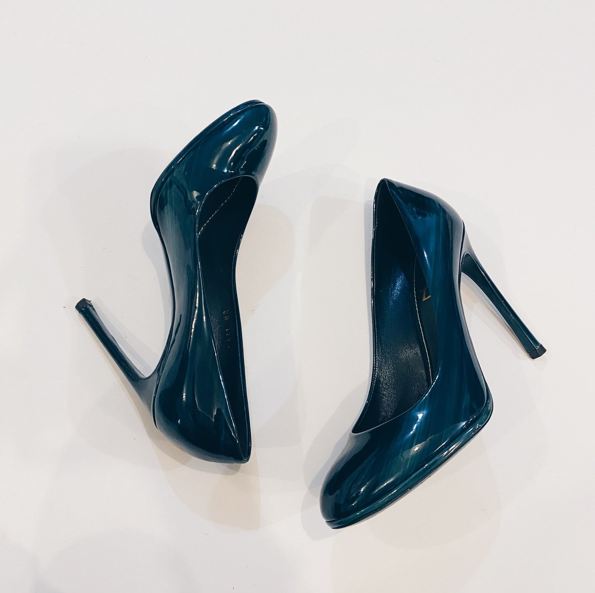 teal patent leather pumps