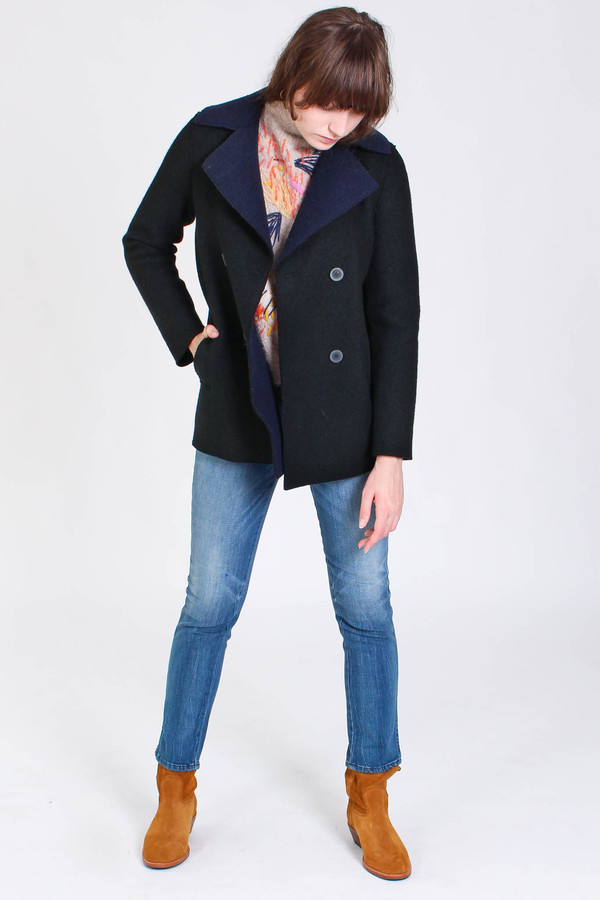 Harris Wharf London Long peacoat with shearling lining in black Harris Wharf London Long peacoat with shearling lining in black