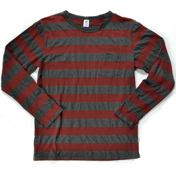 VELVA SHEEN - STRIPED LONG SLEEVE POCKET TEE / BURGUNDY & CHARCOAL VELVA SHEEN - STRIPED LONG SLEEVE POCKET TEE / BURGUNDY & CHARCOAL