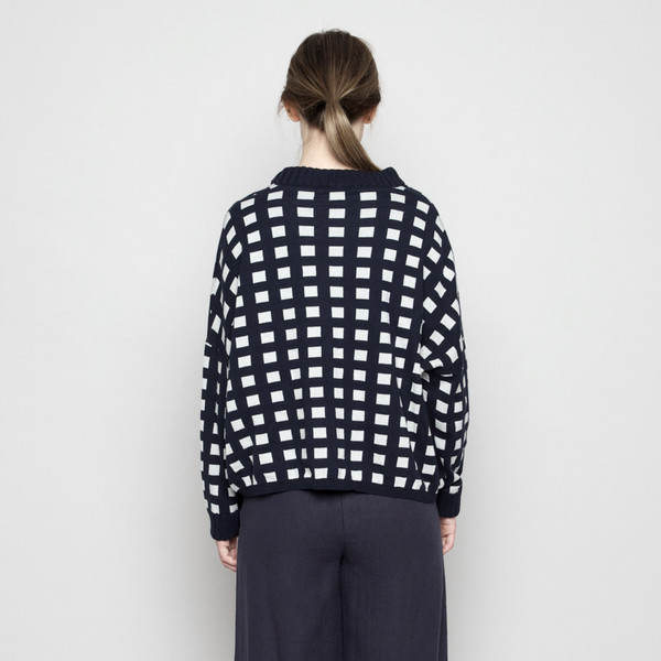 7115 by Szeki Mock-Neck Cotton Plaid Sweater - Navy FW16 7115 by Szeki Mock-Neck Cotton Plaid Sweater - Navy FW16