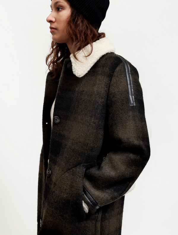 MM6 by Maison Margiela Womens Long Plaid Coat With Shearling MM6 by Maison Margiela Womens Long Plaid Coat With Shearling