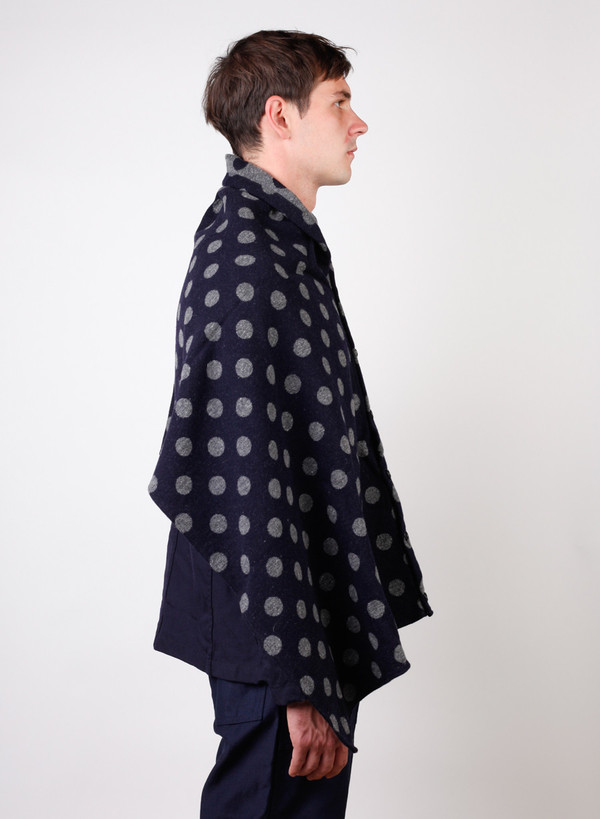 Engineered Garments Button Shawl Navy/Grey Polka Dot Jacquard Engineered Garments Button Shawl Navy/Grey Polka Dot Jacquard