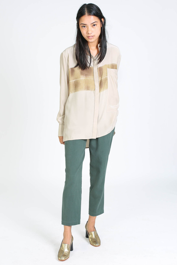 Vincetta Print banded collar shirt in sand Vincetta Print banded collar shirt in sand