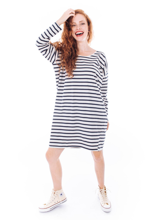 Kowtow Building Block Relaxed Tee Dress (Navy Natural Stripe) Kowtow Building Block Relaxed Tee Dress (Navy Natural Stripe)