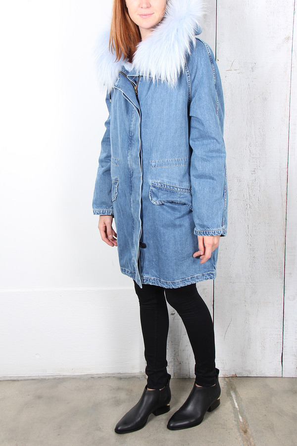 Yves Salomon BLUE FUR-LINED DENIM PARKA Yves Salomon BLUE FUR-LINED DENIM PARKA