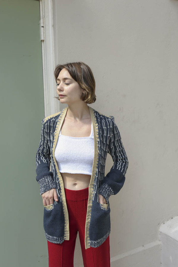 giu giu Kinney Leather Trim Baseball Cardigan in Navy giu giu Kinney Leather Trim Baseball Cardigan in Navy
