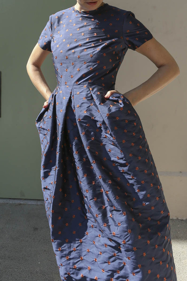 Nikki Chasin Marta Pleat Dress in Navy/Ochre Nikki Chasin Marta Pleat Dress in Navy/Ochre