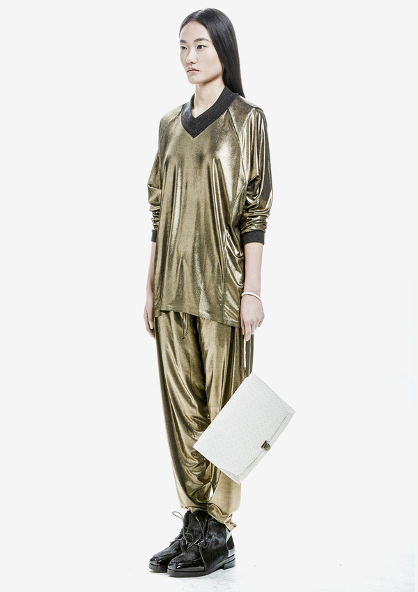 Berenik Sweater Long Sleeve V-Collar Metallic Cotton Jersey Gold Berenik Sweater Long Sleeve V-Collar Metallic Cotton Jersey Gold