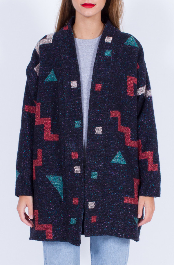 Yo Vintage! NAVY WOOL SHAPES KNIT COATIGAN (ONE SIZE) Yo Vintage! NAVY WOOL SHAPES KNIT COATIGAN (ONE SIZE)