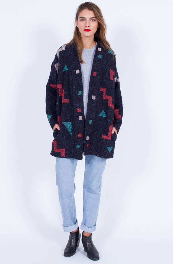 Yo Vintage! NAVY WOOL SHAPES KNIT COATIGAN (ONE SIZE) Yo Vintage! NAVY WOOL SHAPES KNIT COATIGAN (ONE SIZE)