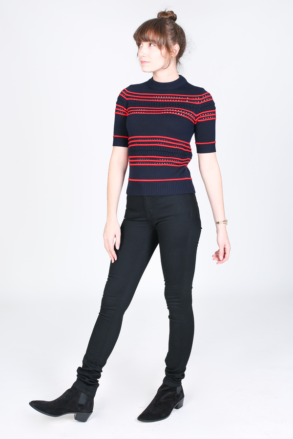 Suno Short sleeve pointelle stripe sweater in navy Suno Short sleeve pointelle stripe sweater in navy
