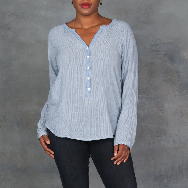 Xirena Dual Striped Gauze Hemmingway Henley in Mercury Xirena Dual Striped Gauze Hemmingway Henley in Mercury