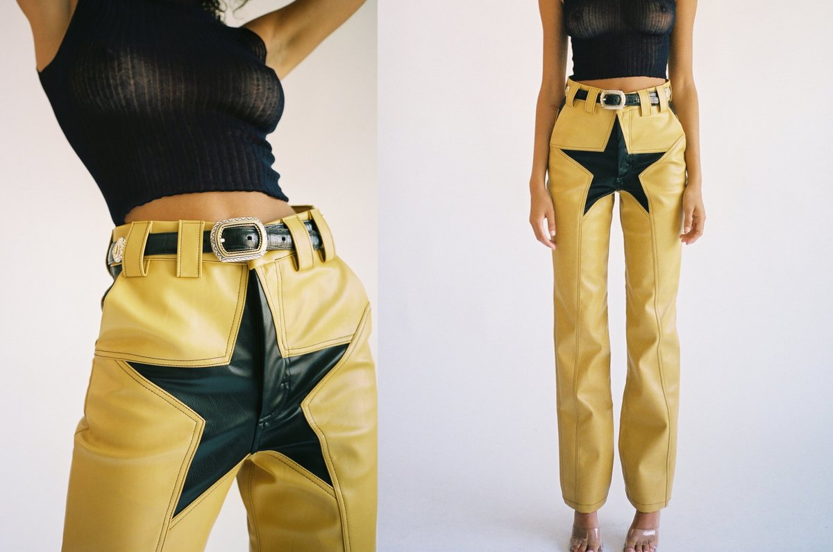 yellow faux leather pants
