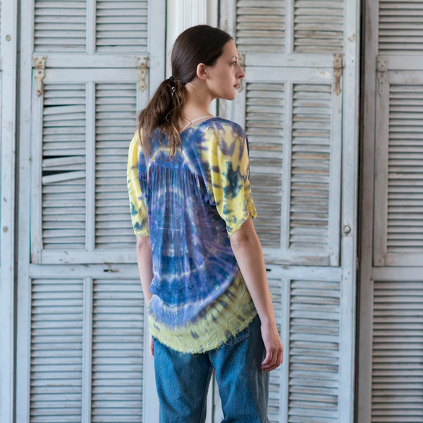 Raquel Allegra Tie Dye Short Sleeve Shirred Blouse Raquel Allegra Tie Dye Short Sleeve Shirred Blouse