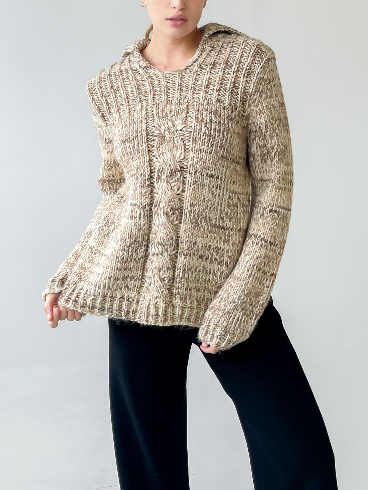 Hand Knit Sailor Collar Sweater - Ecru 