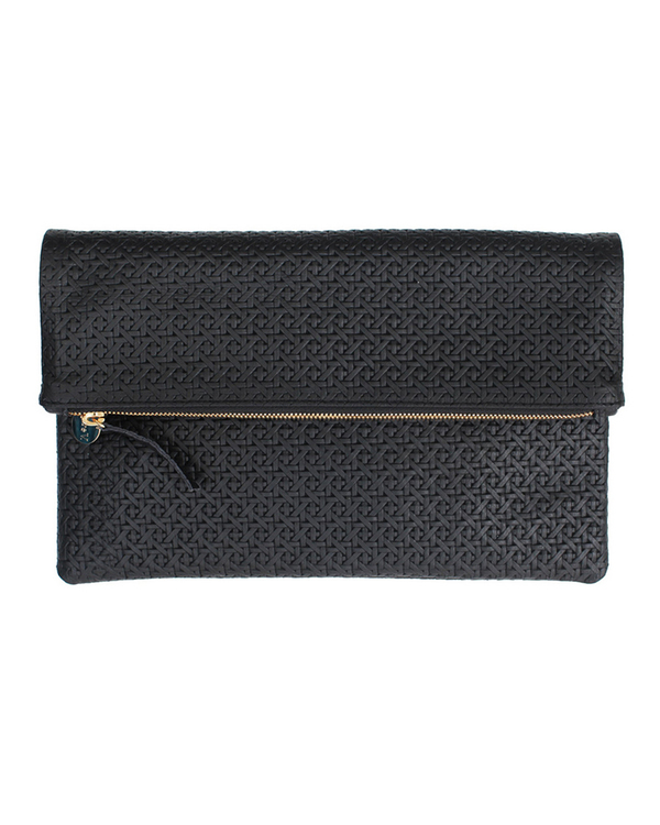 Clare Vivier Foldover Clutch in Black Rattan Textured Leather Clare Vivier Foldover Clutch in Black Rattan Textured Leather